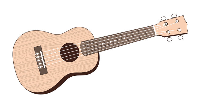 Four-stringed wooden ukulele instrument with a natural light wood finish is isolated on a white background, perfect for music.