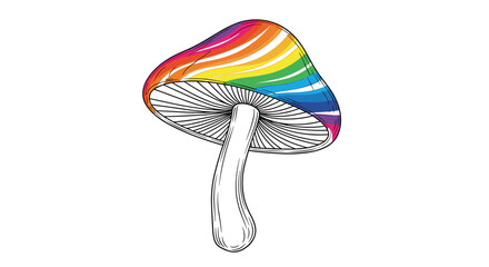 Fototapeta premium Vibrant illustration of a mushroom with a rainbow striped cap and a detailed white stem isolated on a plain white background.