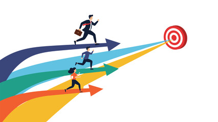 Fototapeta premium Three business people racing along colorful rising arrows towards a large bullseye target, symbolizing competition and career goals.