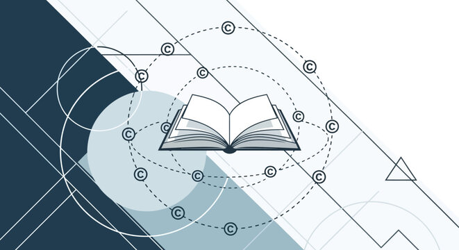 Open book with copyright symbols in circular arrangement representing knowledge sharing and intellectual property