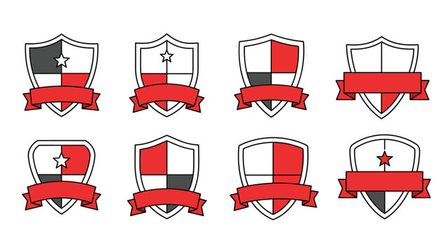 Collection of eight heraldic shields with red black and white patterns featuring blank ribbons and stars for logo design.