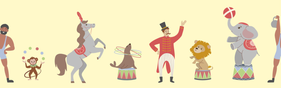 Seamless horizontal border featuring circus artists and animals. Vector illustration with strongman, monkey, horse, seal, ringmaster, lion, and elephant for kids party decor.