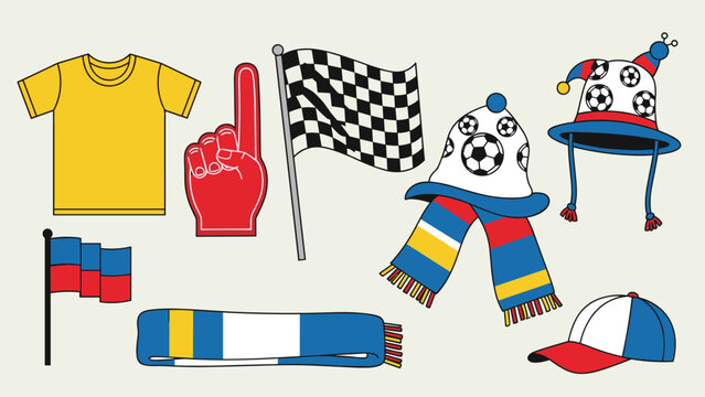 Collection of soccer fan accessories including jerseys, flags, scarves, hats, and a large red foam hand on white.