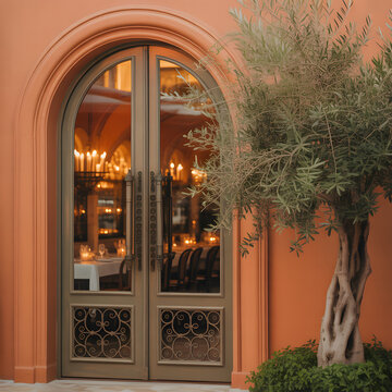 A large arched doorway with a tree and greenery in front of it
