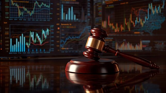 A gavel sitting on a desk with graphs in the background