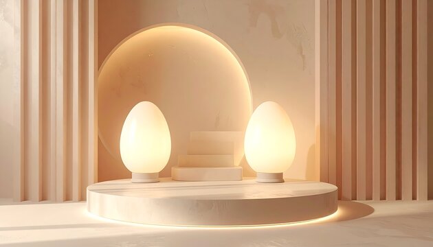 A pastel-toned artistic studio setup with two illuminated oval objects on a circular platform. A backdrop features an arch