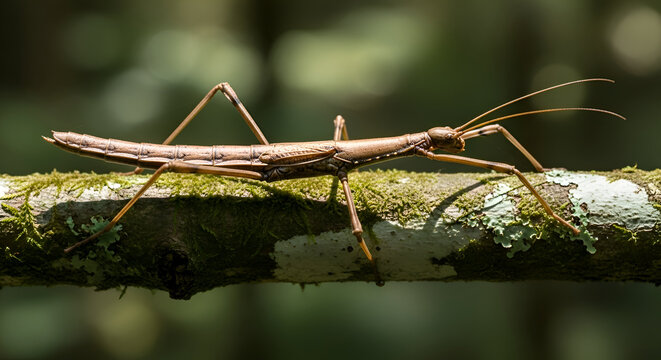 Brown stick insect camouflaged on a mossy branch in a forest