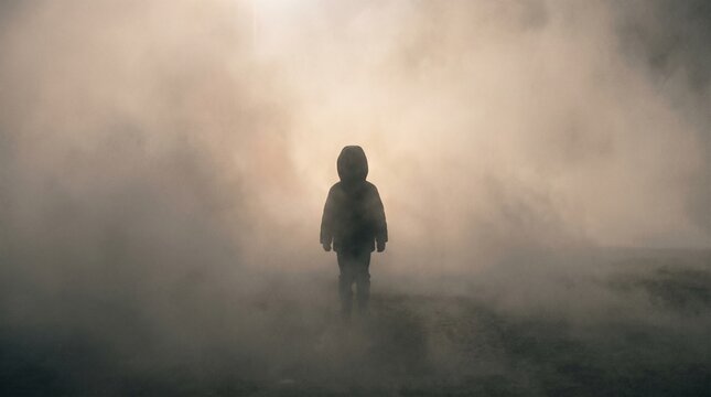 Child Silhouette Walking Alone in Fog