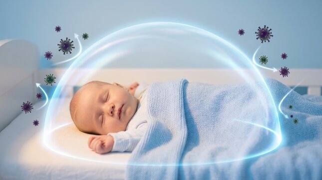 Baby in crib, covered by a blanket, shielded to represent protection from germs