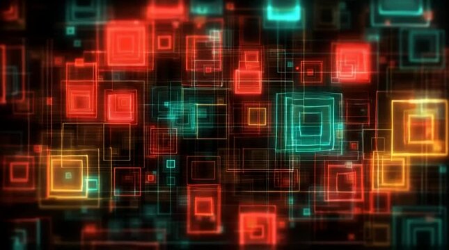Vibrant glowing squares and rectangles forming an abstract digital technology background with geometric patterns and dynamic light effects