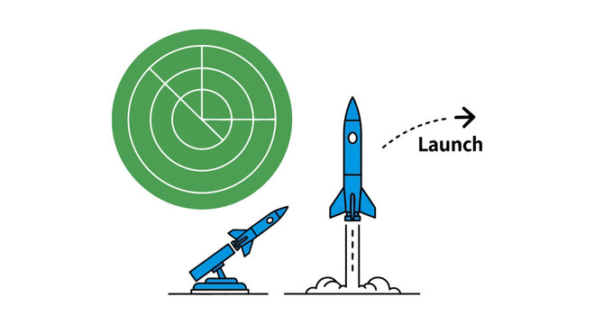 Interceptor Missile Launch Sequence with Radar Screen and Launcher Illustration