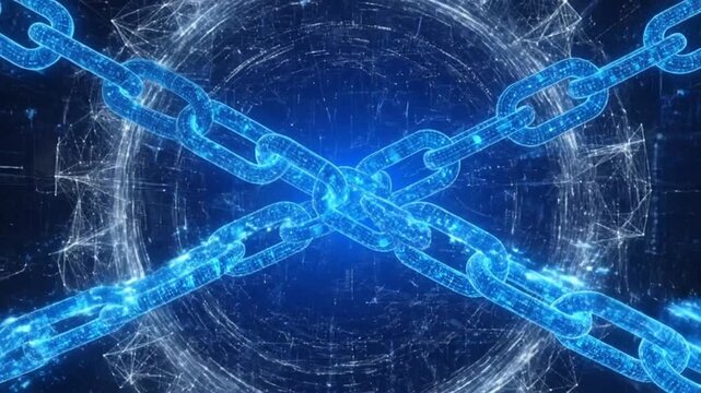 Abstract digital blockchain concept with interconnected chain links on a dark blue background.