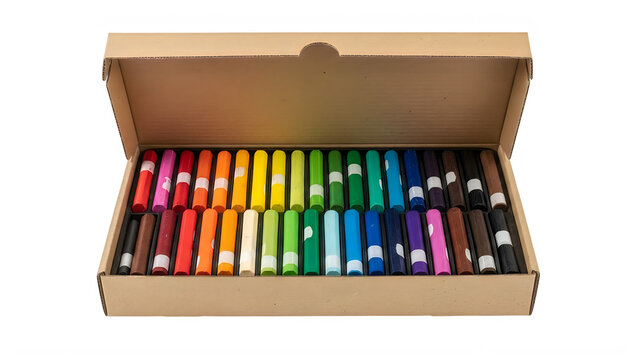 Assorted colored pencils neatly arranged in a wooden box isolated on transparent background