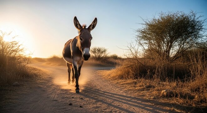 Donkey running on a deserted dirt road at sunset perfect for Donkey Week