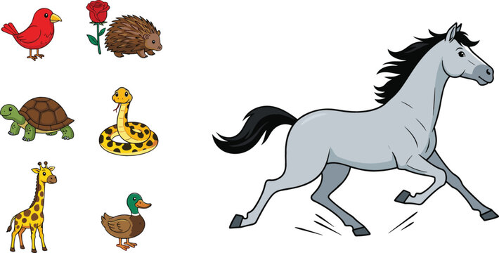 Horse running with small animal icons bird hedgehog turtle snake giraffe and duck cartoon vector illustration collection