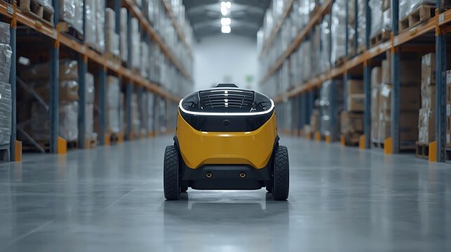 A small yellow robot is parked in a warehouse
