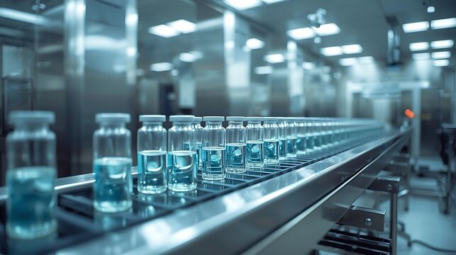 A row of clear glass bottles on a conveyor belt