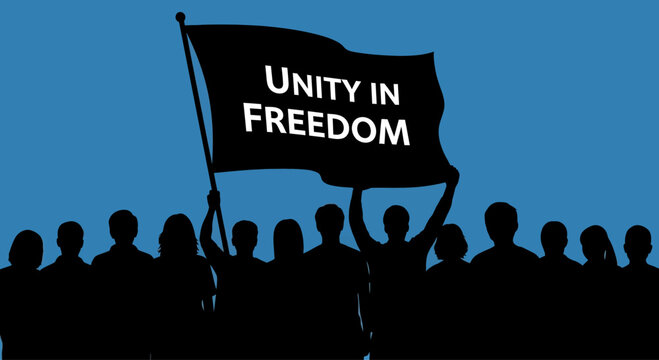 A crowd of diverse people holding a flag with the message Unity in Freedom.