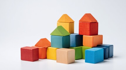 Naklejka premium Colorful wooden building blocks stacked in creative arrangement for play and learning