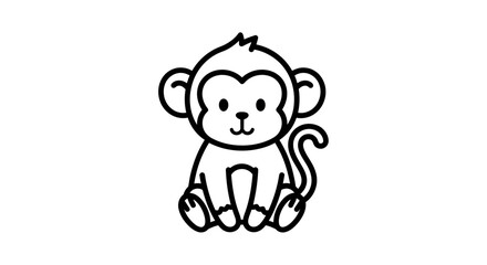 Obraz premium Cute Cartoon Monkey Vector Illustration, Minimalist Black and White Animal Line Art Mascot Isolated on White Background