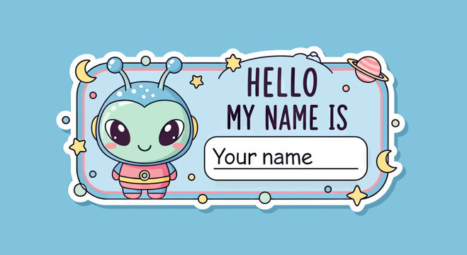 Cute Kawaii Alien Name Tag Sticker with Space Theme, Hello My Name Is Badge for Kids School and Parties