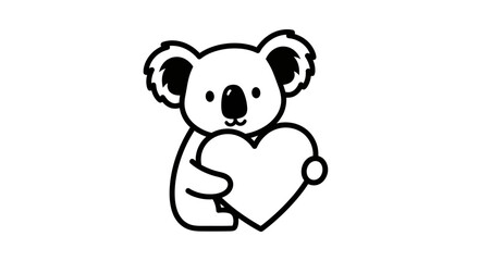 Fototapeta premium Cute Koala Character Holding a Large Heart, Minimalist Black and White Line Art Vector Illustration