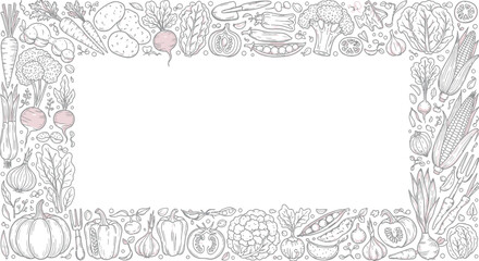 Obraz premium Hand Drawn Vegetable Border Frame with Healthy Organic Food Sketches for Menu and Harvest Concepts