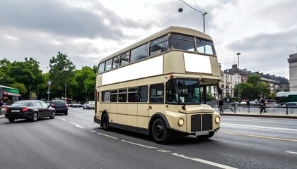 Fototapeta premium Vintage Cream Double Decker Bus with Blank Advertising Panels