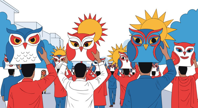 People carrying large colorful owl effigies and sun symbols in a vibrant cultural parade or festival.