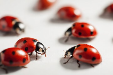Fototapeta premium Close up of vibrant ladybugs crawling on a light surface