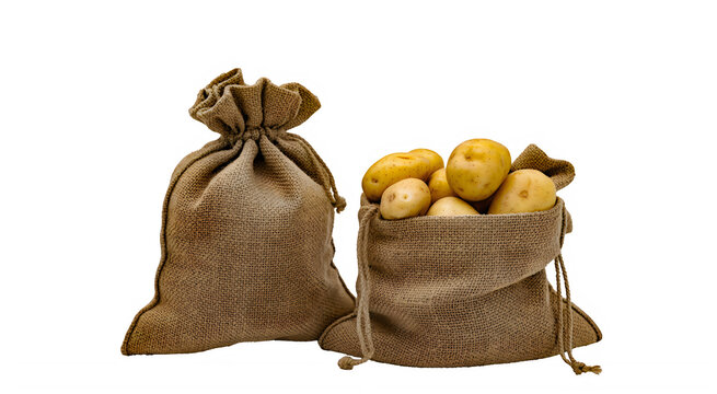 potatoes in burlap sack with transparent background 