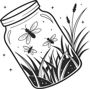 Vintage fireflies in a glass jar vector illustration, whimsical lightning bugs with grass and stars, black and white line art nature scene