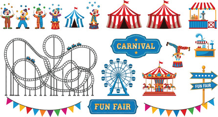 Carnival fun fair amusement park collection with circus tents clowns roller coaster ferris wheel and festive decorations vector illustration © Jahangir