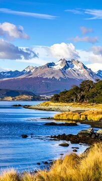 Serene landscape with snow-capped mountains and calm waters