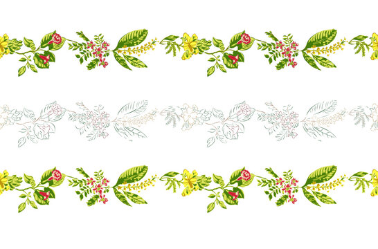 Floral Botanical Border Seamless Pattern, Indian Saree Design, Vintage Flower and Leaf Decorative Textile Background