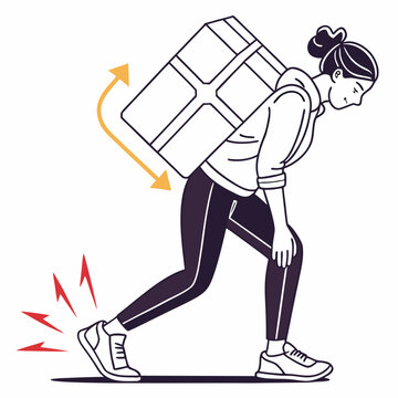 Woman carrying heavy box on back with poor posture, showing foot pain and strain from improper lifting technique.