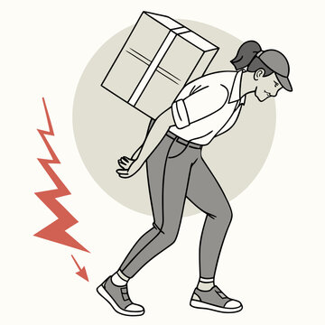 Woman carrying heavy box on back, illustrating improper lifting technique causing sharp pain and injury risk.