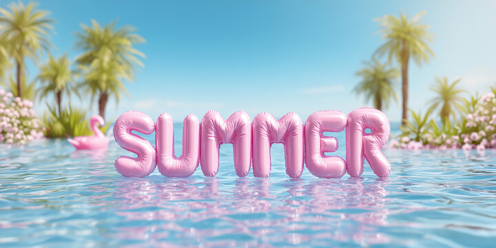 Word SUMMER written with pink inflatable letters floating on tropical pool