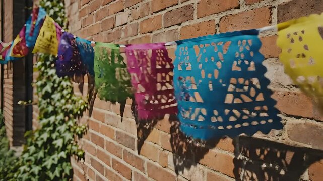 Papel picado mexicano ondeando al viento contra pared de ladrillo, decoraci&oacute;n festiva vibrante para celebraci&oacute;n del Cinco de Mayo, herencia cultural y eventos tradicionales.