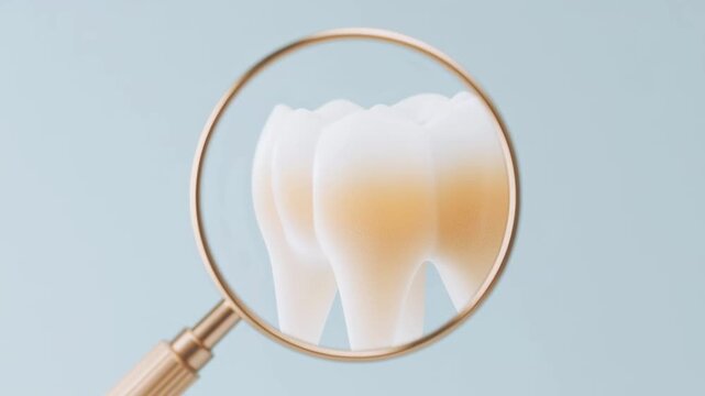 A magnifying glass enlarges a front tooth on a blue background.