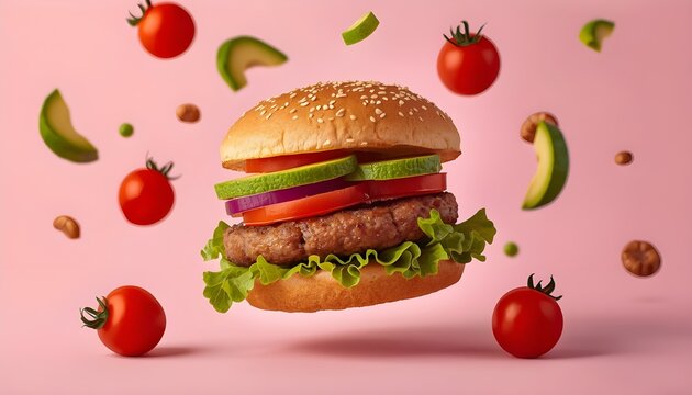 A juicy burger with fresh vegetables and ingredients floating around it on a pink background