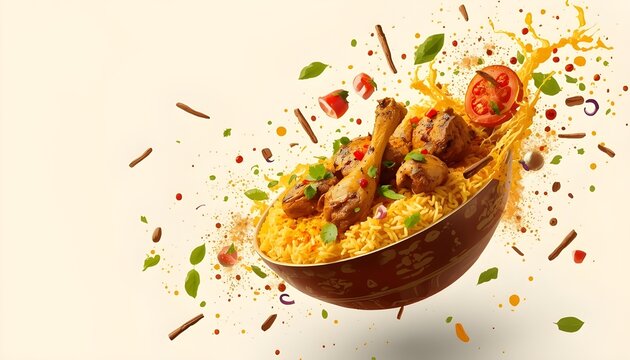 A vibrant and appetizing bowl of chicken biryani with spices and herbs flying around it