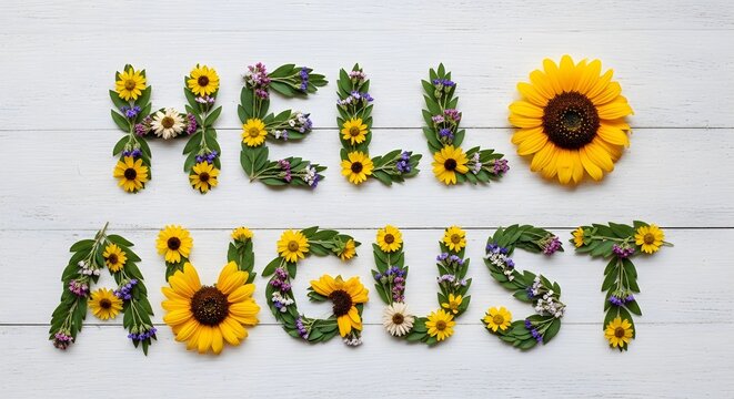 Floral letters spelling 'HELLO AUGUST' on a white wooden background with sunflowers and greenery, conveying a warm and welcoming mood