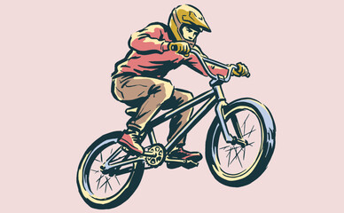Naklejka premium Extreme BMX air jump graphic. Urban stunt cycling artwork. Freestyle bike rider for t-shirt design, poster, sticker, and street style sport club.