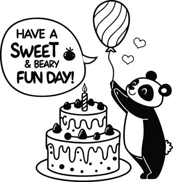 Cute panda birthday vector illustration, cartoon bear with tiered cake and balloon, sweet and beary fun day greeting card design, black and white line art