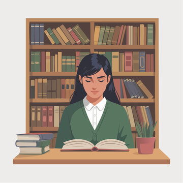 woman reading book in library with bookshelves