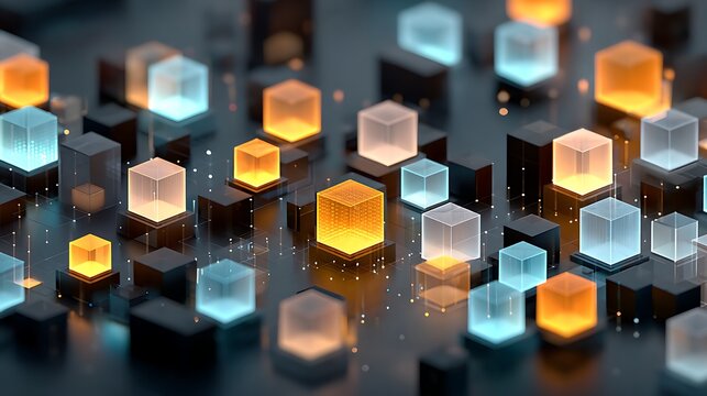 abstract real estate tokenization scene, city blocks converted into glowing cubes, decentralized blockchain network,