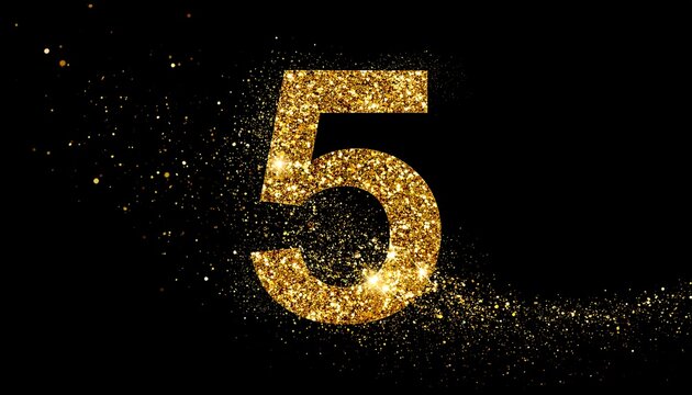 A numeral "5" shines with golden sparkles against a black backdrop. The sparkly effect trails off from the right of the digit