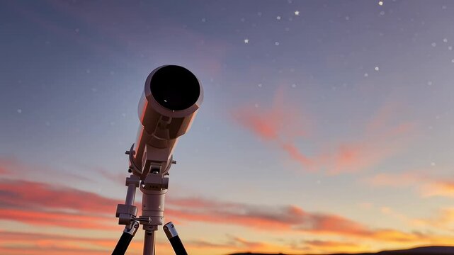 A telescope on a tripod stands against a sunset sky.