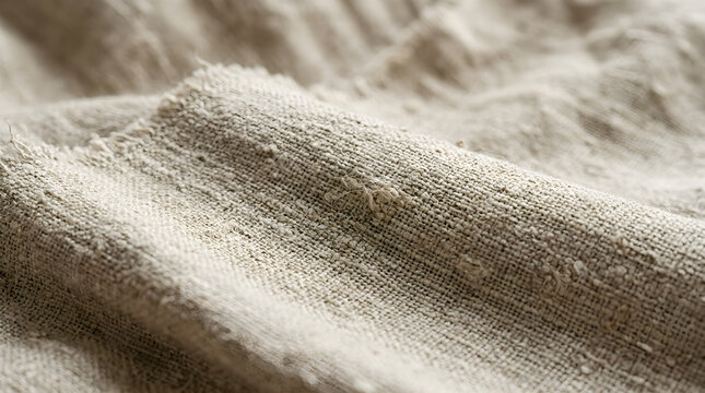 A close-up shot reveals the intricate texture of a natural, unbleached fabric, showcasing its rough woven surface with subtle slubs and soft folds that create an organic and rustic visual background 